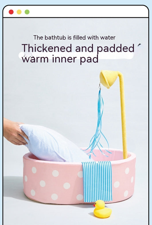 Pink polka dot pet bed shaped like a bathtub with a yellow showerhead toy and blue streamers, plus a blue striped 'towel'. - Image 12
