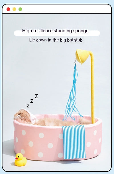 Pink polka dot pet bed shaped like a bathtub with a yellow showerhead toy and blue streamers, plus a blue striped 'towel'. - Image 14