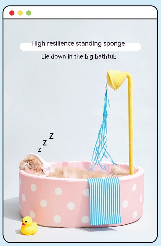 Pink polka dot pet bed shaped like a bathtub with a yellow showerhead toy and blue streamers, plus a blue striped 'towel'. - Image 14