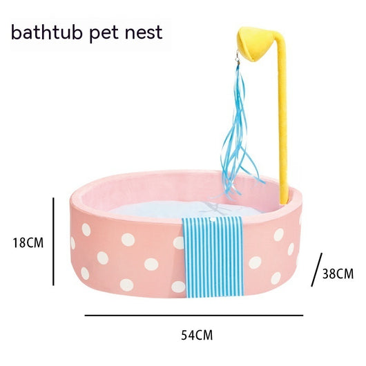 Pink polka dot pet bed shaped like a bathtub with a yellow showerhead toy and blue streamers, plus a blue striped 'towel'. - Image 17