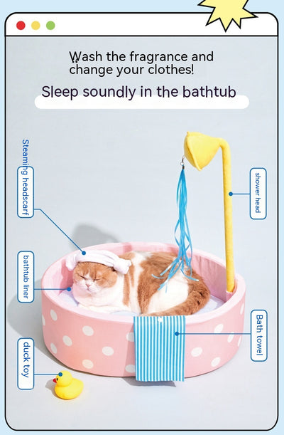 Pink polka dot pet bed shaped like a bathtub with a yellow showerhead toy and blue streamers, plus a blue striped 'towel'. - Image 19