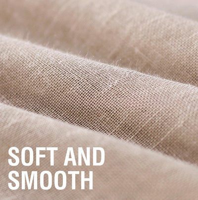 Light beige linen-look tab top curtains hanging on a dark rod, with a fabric swatch and color options. - Image 17