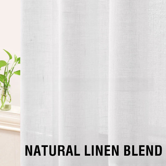 Light beige linen-look tab top curtains hanging on a dark rod, with a fabric swatch and color options. - Image 20