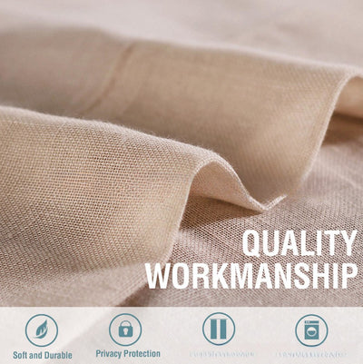 Light beige linen-look tab top curtains hanging on a dark rod, with a fabric swatch and color options. - Image 21