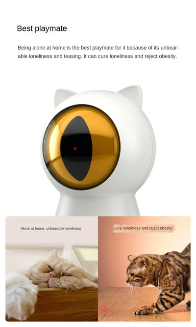 White cat-shaped laser toy with gold eye and red light, alongside a light blue smart rolling ball cat toy. - Image 14