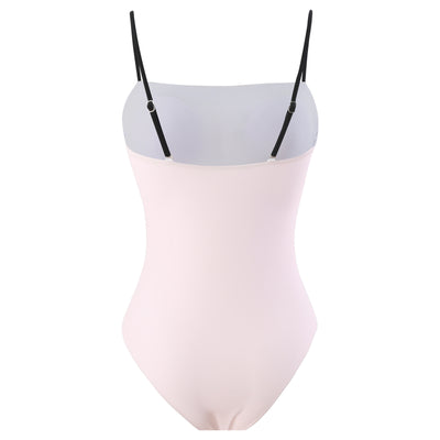 Women's light pink one-piece bikini with black handprint pattern and matching tie-waist sarong. - Image 17