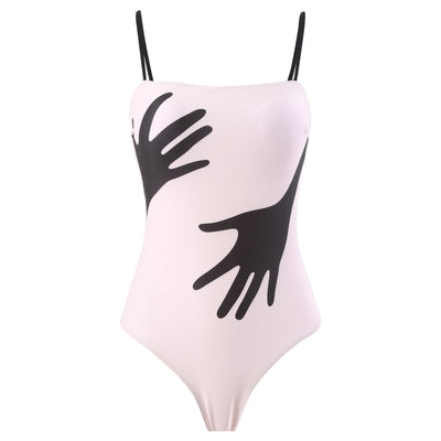 Women's light pink one-piece bikini with black handprint pattern and matching tie-waist sarong. - Image 20