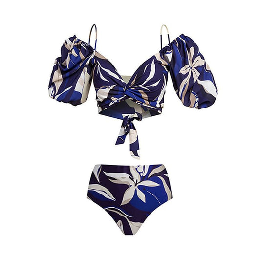 Women's blue and white tropical leaf print two-piece swimsuit with off-shoulder puff sleeves and high-waisted bottoms. - Image 19