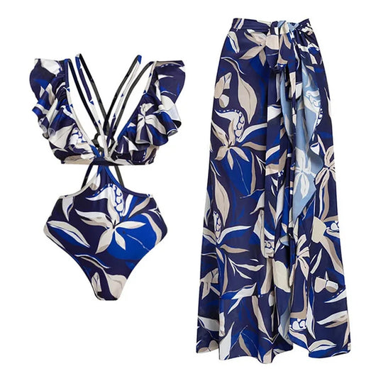 Women's blue and white tropical leaf print two-piece swimsuit with off-shoulder puff sleeves and high-waisted bottoms. - Image 21