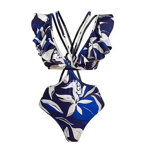 Women's blue and white tropical leaf print two-piece swimsuit with off-shoulder puff sleeves and high-waisted bottoms. - Image 22