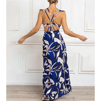 Women's blue and white tropical leaf print two-piece swimsuit with off-shoulder puff sleeves and high-waisted bottoms. - Image 25