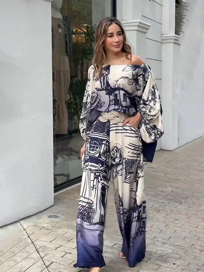 Conjunto Otoñal Estampado: Blusa Manga Larga Tipo Murciélago con Pantalón Ancho - Image 9