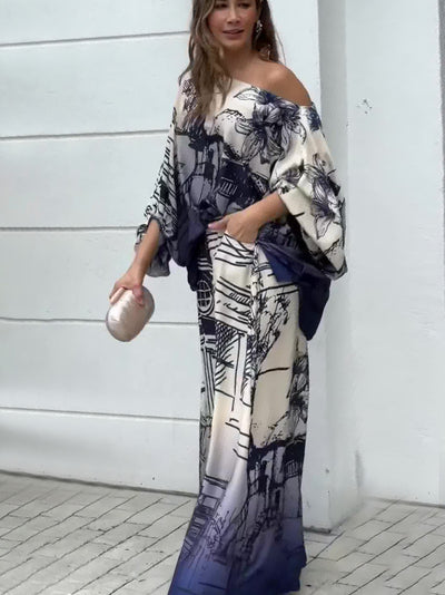 Conjunto Otoñal Estampado: Blusa Manga Larga Tipo Murciélago con Pantalón Ancho - Image 18