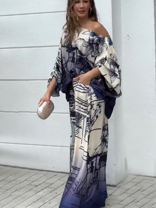 Conjunto Otoñal Estampado: Blusa Manga Larga Tipo Murciélago con Pantalón Ancho - Image 18