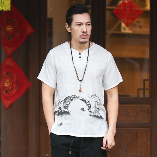 Playera Hombre Cuello V Algodón Lino Estilo Étnico Manga Corta - Image 9