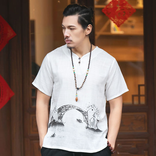 Playera Hombre Cuello V Algodón Lino Estilo Étnico Manga Corta - Image 11