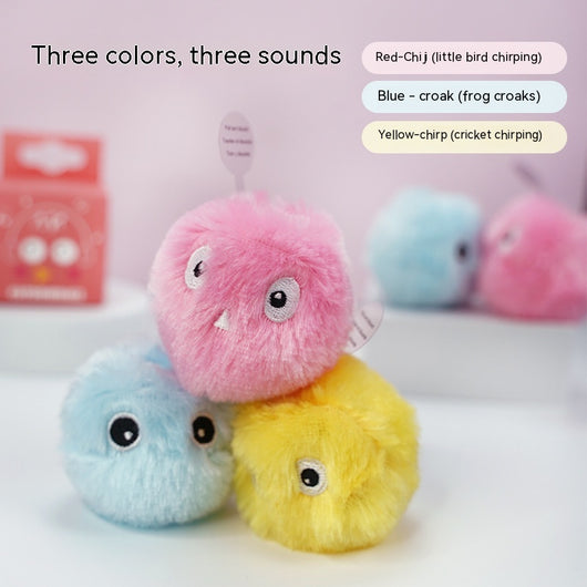 Yellow plush cat toy with embroidered eyes, designed as a ball, making a cricket chirping sound. - Image 7