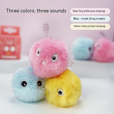 Yellow plush cat toy with embroidered eyes, designed as a ball, making a cricket chirping sound. - Image 13