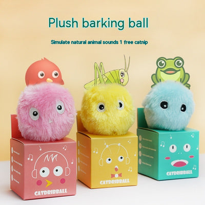 Yellow plush cat toy with embroidered eyes, designed as a ball, making a cricket chirping sound. - Image 16