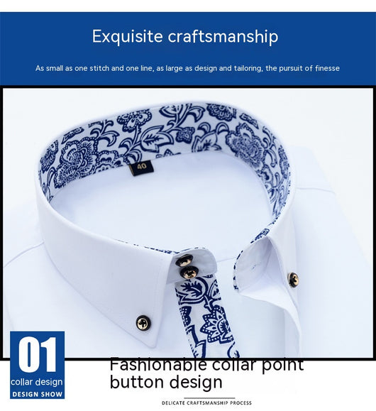Camisa Business Casual de Manga Larga con Cuello Porcelana Azul y Blanco para Hombre - Image 18