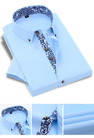 Camisa Business Casual de Manga Larga con Cuello Porcelana Azul y Blanco para Hombre - Image 22