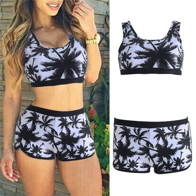 Black and white coconut palm print sports bikini set with a crop top and boy short bottoms for women. - Image 8