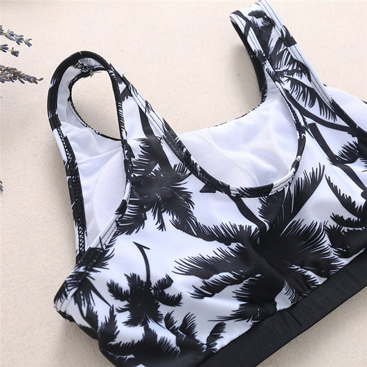 Black and white coconut palm print sports bikini set with a crop top and boy short bottoms for women. - Image 10