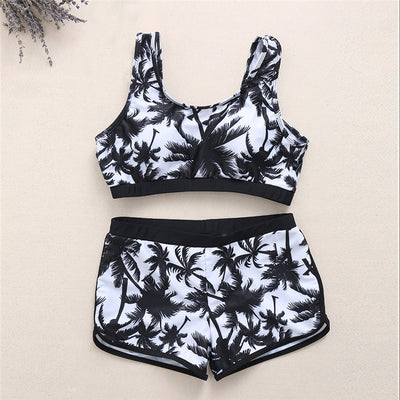 Black and white coconut palm print sports bikini set with a crop top and boy short bottoms for women. - Image 11