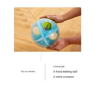 Clear round dog puzzle toy with four compartments, two holding green tennis balls and two holding blue squeaky balls. - Image 11
