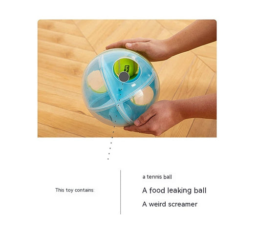 Clear round dog puzzle toy with four compartments, two holding green tennis balls and two holding blue squeaky balls. - Image 11