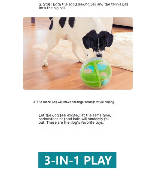 Clear round dog puzzle toy with four compartments, two holding green tennis balls and two holding blue squeaky balls. - Image 13