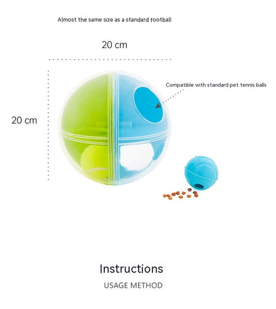 Clear round dog puzzle toy with four compartments, two holding green tennis balls and two holding blue squeaky balls. - Image 16