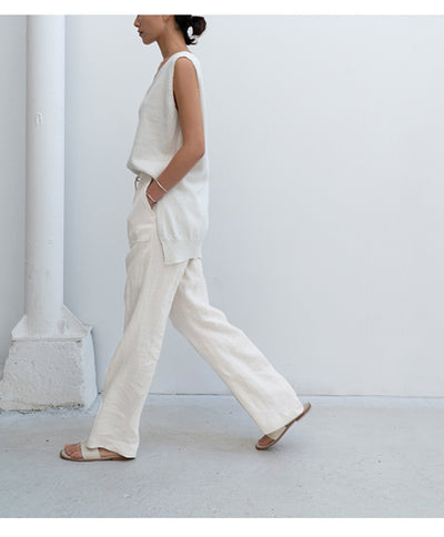 Pantalones de Lino Puro con Cordones Rectos Talla Grande para Mujer - Image 17