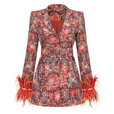 Vestido y Abrigo Floral con Cuello en V y Puños de Pluma - Image 7