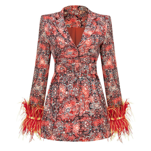 Vestido y Abrigo Floral con Cuello en V y Puños de Pluma - Image 7