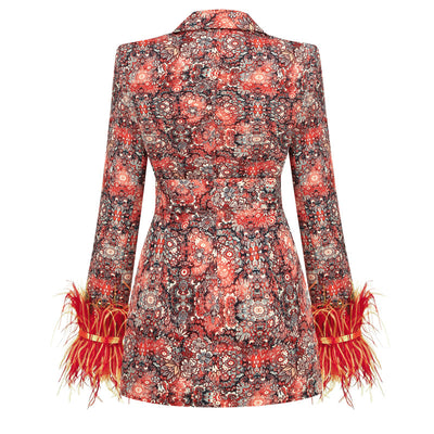 Vestido y Abrigo Floral con Cuello en V y Puños de Pluma - Image 8