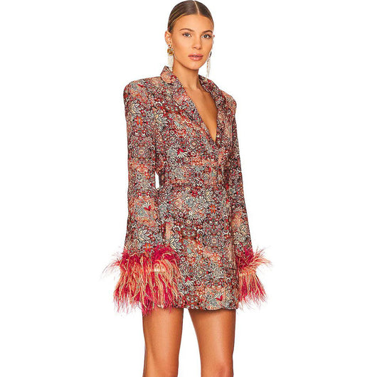 Vestido y Abrigo Floral con Cuello en V y Puños de Pluma - Image 11