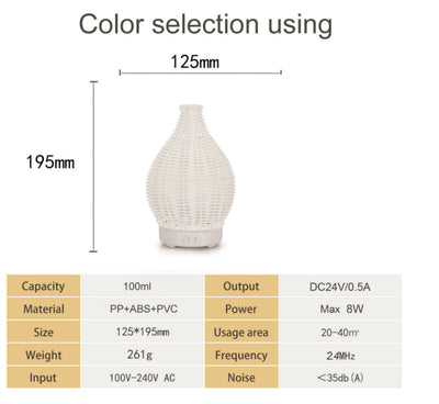 Mini ultrasonic aroma diffuser with a brown hollow rattan-style body and a white base, featuring control buttons. - Image 10
