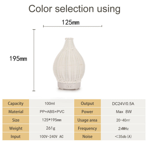 Mini ultrasonic aroma diffuser with a brown hollow rattan-style body and a white base, featuring control buttons. - Image 10