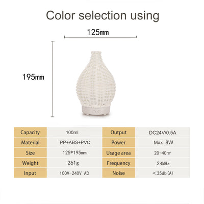 Mini ultrasonic aroma diffuser with a brown hollow rattan-style body and a white base, featuring control buttons. - Image 14
