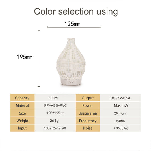 Mini ultrasonic aroma diffuser with a brown hollow rattan-style body and a white base, featuring control buttons. - Image 14