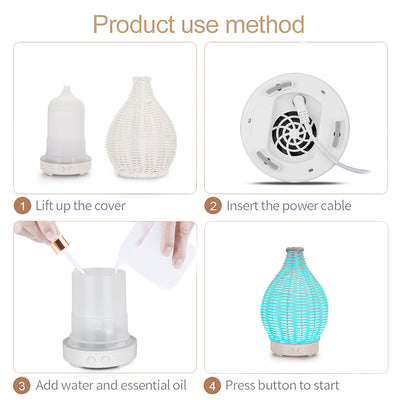 Mini ultrasonic aroma diffuser with a brown hollow rattan-style body and a white base, featuring control buttons. - Image 18