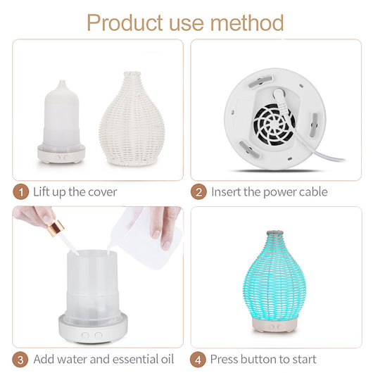 Mini ultrasonic aroma diffuser with a brown hollow rattan-style body and a white base, featuring control buttons. - Image 18