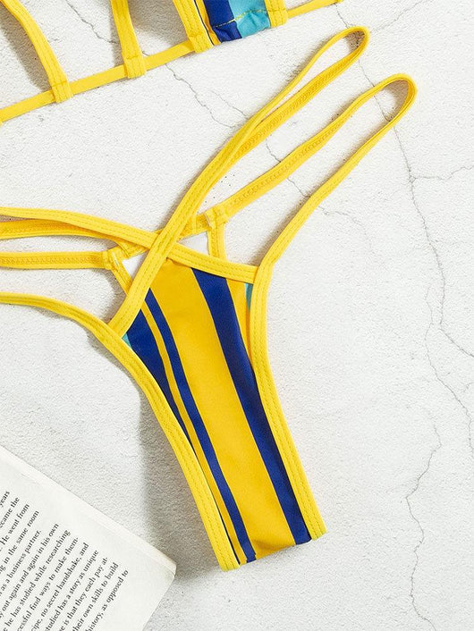 Women's blue and yellow striped two-piece swimsuit with a halter neck bikini top and strappy hollow-style bottoms. - Image 10