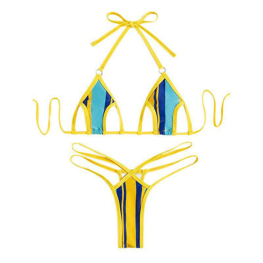 Women's blue and yellow striped two-piece swimsuit with a halter neck bikini top and strappy hollow-style bottoms. - Image 13