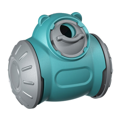Red and grey pet treat dispenser toy with a bear-like head, designed as a self-balancing tumbler for slow feeding. - Image 15