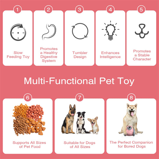 Red and grey pet treat dispenser toy with a bear-like head, designed as a self-balancing tumbler for slow feeding. - Image 18