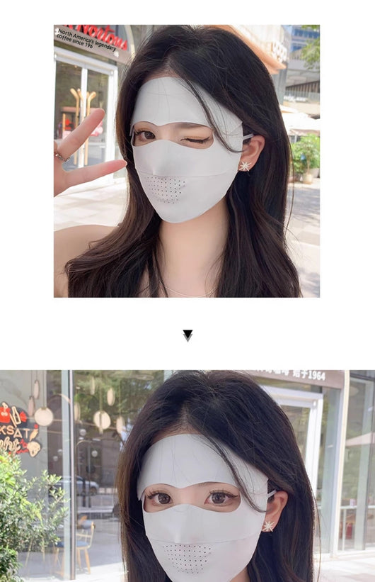 Light blue ice silk face mask with breathable perforations and adjustable ear loops for sun protection. - Image 22