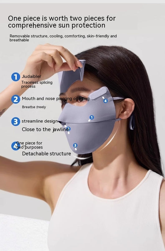 Light blue ice silk face mask with breathable perforations and adjustable ear loops for sun protection. - Image 24