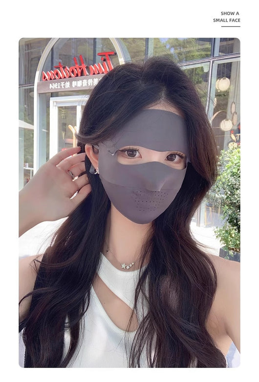 Light blue ice silk face mask with breathable perforations and adjustable ear loops for sun protection. - Image 29
